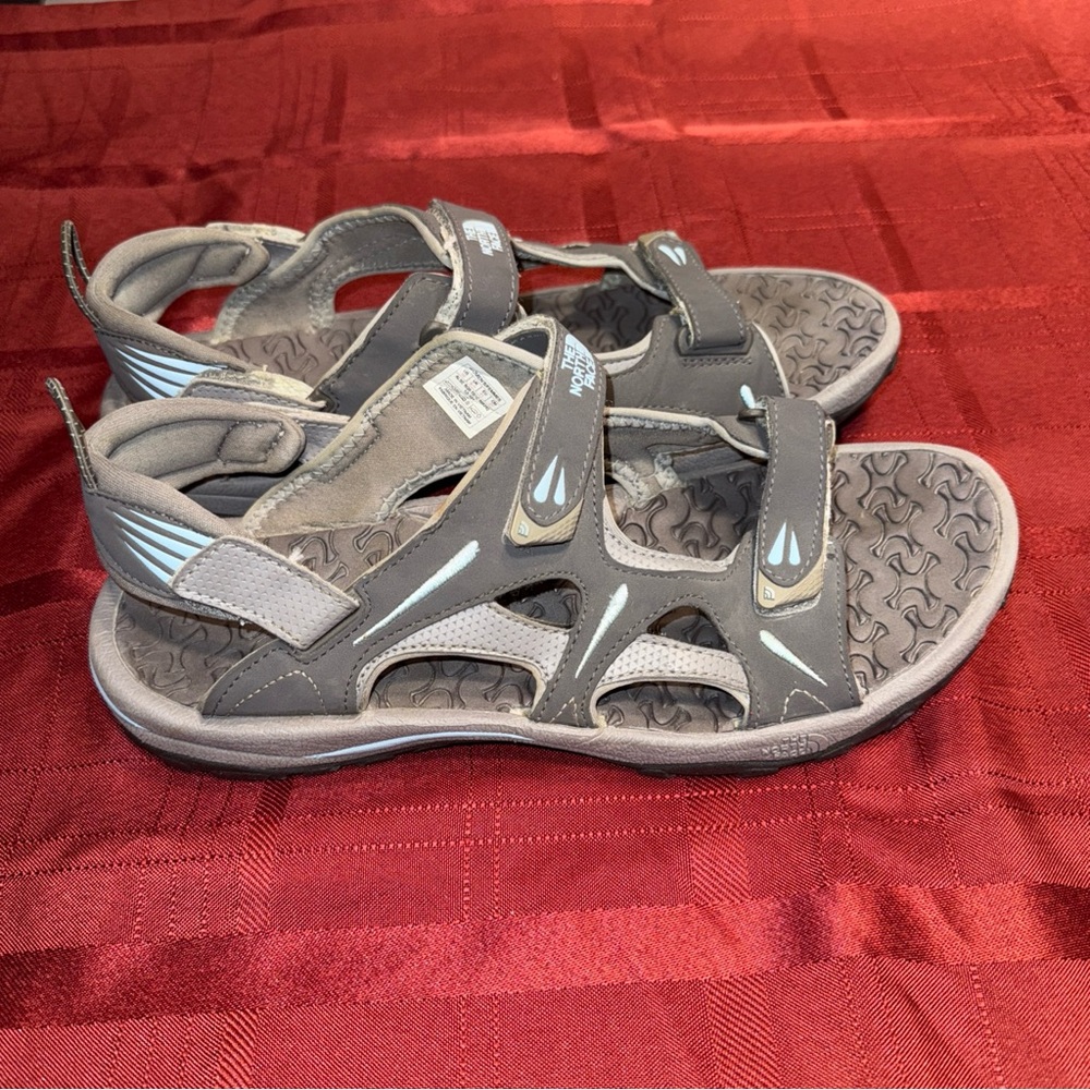 Gray and Tan Sandals the north face, hiking, camping, gray sandals